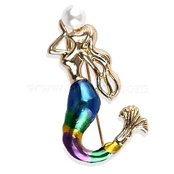 Mermaid Holding Imitation Pearl Alloy Enamel Pins, for Clothes Backpack, Golden, Colorful, 50x13mm(PW-WGA7904-01)