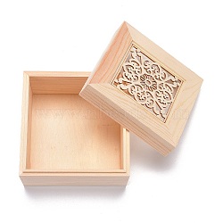 Square Shape Unfinished Hollow Wood Storage Box, Floral Pattern, BurlyWood, 11.9x11.9x8.75cm, 2 styles, 2pcs/style, 4pcs/set(OBOX-NB0001-07)