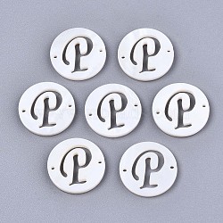 Natural Freshwater Shell Links Connectors, Flat Round with Letter, Letter.P, 14.5x1.5mm, Hole: 0.9mm(SHEL-S276-120P)