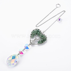 Natural Green Aventurine Big Pendants, with Platinum Brass Chain Extender and Findings, Plating Glass Teardrop & Flower, Clear AB Color, Heart with Tree of Life, 130mm, Hole: 4mm(G-N333-008E)