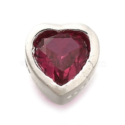 925 Sterling Silver Cubic Zirconia Beads, Heart, with 925 Stamp, Silver Color Plated, Deep Pink, 6.5x6.5x4.5mm, Hole: 1.5mm(STER-L066-06S-07)