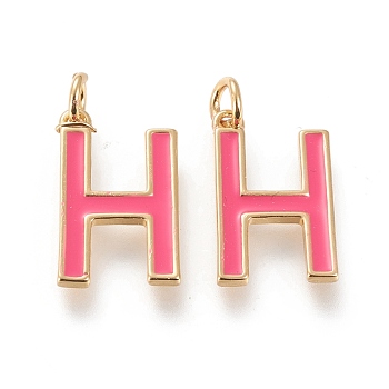Brass Enamel Pendants, with Jump Ring, Long-Lasting Plated, Real 18K Gold Plated, Letter.H, Hot Pink, Letter.H, H: 18x11x1.8mm, Jump Rings: Inner Diameter: 3mm
