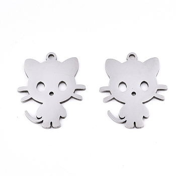 Non-Tarnish 201 Stainless Steel Pendants, Laser Cut, Cat, Stainless Steel Color, 18.5x15.5x0.9mm, Hole: 1.2mm