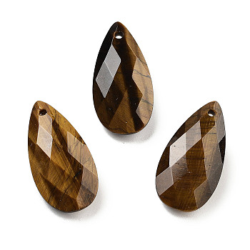 Natural Tiger Eye Pendants, Faceted Teardrop Charms, 24x12.5x6mm, Hole: 1.2mm