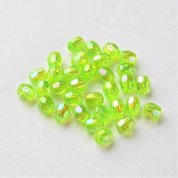 AB Color Plated Eco-Friendly Transparent Acrylic Barrel Beads, Faceted, Green Yellow, 4x4mm, Hole: 1mm, about 13333pcs/500g