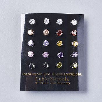 Cubic Zirconia Stud Earrings, with 304 Stainless Steel Findings, Mixed Color, 14x5mm, Pin: 0.6mm