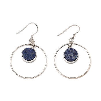 Natural Lapis Lazuli Flat Round Dangle Earrings, Real Platinum Plated Rhodium Plated 925 Sterling Silver Earrings, 46x27.5mm