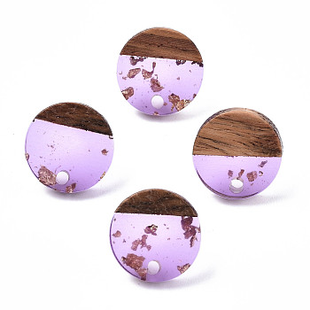Transparent Resin & Walnut Wood Stud Earring Findings, with 304 Stainless Steel Pin and Gold Foil, Flat Round, Teal, 14mm, Hole: 1.8mm, Pin: 0.7mm