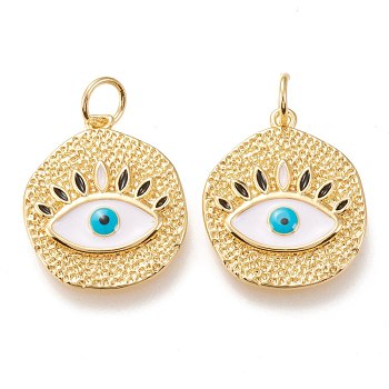 Brass Pendants, with Enamel and Jump Rings, Long-Lasting Plated, Flat Round with Eye, White, Golden, 22.5x19x2mm, Hole: 4.4mm