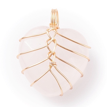 Natural Rose Quartz Faceted Gemstone Pendants, with Real 18K Gold Copper Wire Wrapped, Heart, 18.5x16x11mm, Hole: 4mm