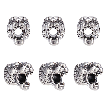 304 Stainless Steel Beads, Tiger Head, Antique Silver, 11x8x9.5mm, Hole: 2.5mm, 6pcs/box