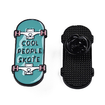 Skateboard with Word Cool People Skate Enamel Pin, Electrophoresis Black Plated Alloy Badge for Backpack Clothes, Nickel Free & Lead Free, Dark Turquoise, 32x14.5mm, Pin: 1.2mm