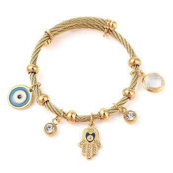 Adjustable 304 Stainless Steel Charm Bangles, with Enamel, Glass and Rhinestone, Eye, Hamsa Hand and Flat Round, Golden, 2-1/4 inch(5.6cm), 4~12mm