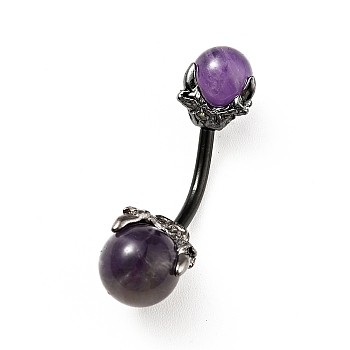 Natural Amethyst Beaded Curved Barbell, 316 Stainless Steel Piercing Navel Ring for Women, 30.5x9.5mm, Pin: 1.6mm