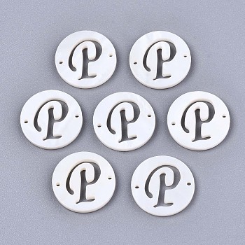 Natural Freshwater Shell Links Connectors, Flat Round with Letter, Letter.P, 14.5x1.5mm, Hole: 0.9mm