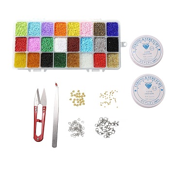 DIY Stretch Jewelry Sets Kits, include Glass Seed Beads, Stainless Steel Needles & Scissors & Beading Tweezers & Lobster Claw Clasps, Alloy & Iron Spacer Beads, Mixed Color, Seed Beads: 2mm, Hole: 1mm, about 32000pcs/box