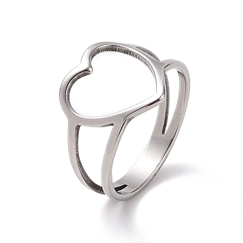 201 Stainless Steel Heart Finger Ring, Hollow Wide Ring for Valentine's Day, Stainless Steel Color, US Size 6 1/2(16.9mm)