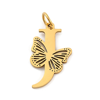 Ion Plating(IP) 201 Stainless Steel Pendants, Letter with Butterfly Charms, Golden, Letter J, 27.5x16.5x1.5mm, Ring: 7x1mm, Hole: 5mm