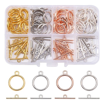 60Sets 4 Colors Alloy Toggle Clasps, Flat Round, Cadmium Free & Nickel Free & Lead Free, Mixed Color, Flat Round: 15x2mm, Hole: 2mm, Bar: 21mm, Hole: 2mm, 15sets/color