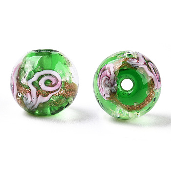 Luminous Handmade Gold Sand Lampwork Beads, Glow in the Dark, Round with Flower, Light Green, 12x11.5mm, Hole: 1.5mm