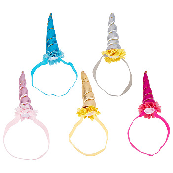 DELORIGIN 5Pcs 5 Colors Cloth Unicorn Horn Headbands for Kids, Mixed Color, 16mm, Inner Diameter: 100mm, 1pc/color