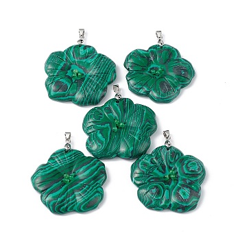 Natural Malachite Big Pendants, Peach Blossom Charms, with Platinum Plated Alloy Snap on Bails, 57x48x9mm, Hole: 6x4mm