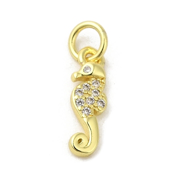 Real 18K Gold Plated Brass Pave Cubic Zirconia Pendants, with Jump Rings, Sea Horse, Clear, 14x4x2mm, Hole: 3mm