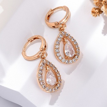 Brass Micro Pave Clear Cubic Zirconia Leverback Earrings, Long-Lasting Plated, Rack Plating, Lead Free & Cadmium Free, Teardrop, Champagne Gold, 29.5x11mm