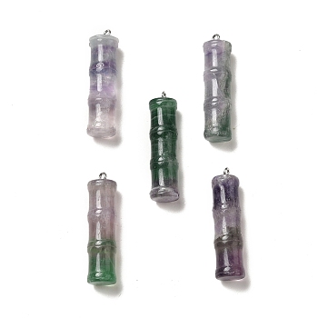 Natural Fluorite Pendants, Bamboo Stick Charms, with Stainless Steel Color Tone 304 Stainless Steel Loops, 45x12.5mm, Hole: 2mm