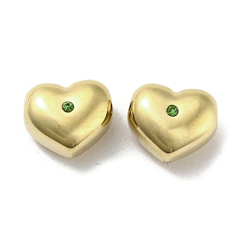 304 Stainless Steel Beads, with Peridot Rhinestone, Heart, Real 14K Gold Plated, 8.5x10x6mm, Hole: 1.5mm