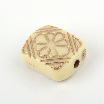 Rectangle with Flower Plating Acrylic Beads, Golden Metal Enlaced, Beige, 12x10x5mm, Hole: 1.5mm, about 1016pcs/500g