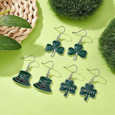 3 Pair 3 Style Saint Patrick's Day Alloy Enamel Dangle Earrings with Brass Pins for Women(EJEW-JE05347)-2
