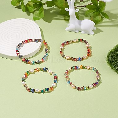 Natural Pearl & Glass Triangle Beaded Stretch Bracelet for Women(BJEW-JB08230)-2