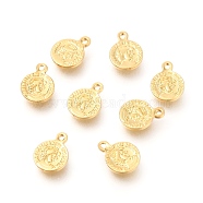 Brass Pendants, Flat Round with Word and Woman, Real 18K Gold Plated, 8x6x1mm, Hole: 0.8mm(KK-J275-05G)