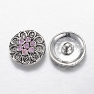 Alloy Rhinestone Snap Buttons, Jewelry Buttons, Flat Round with Flower, Antique Silver, Light Rose, 20x8mm(X-SNAP-R029-15AS)