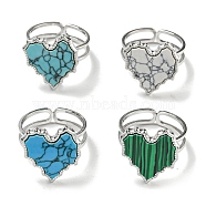 304 Stainless Steel Open Cuff Rings, Synthetic Malachite & Turquoise Heart Finger Rings for Women Men, Stainless Steel Color, Adjustable(RJEW-C079-01P)