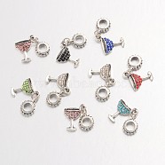 Large Hole Alloy Glass Rhinestone European Dangle Charms, Cocktail Glass, Antique Silver, Mixed Color, 28mm, Hole: 4.5mm(X-MPDL-L013-14)