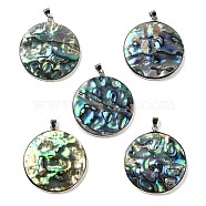 Abalone Shell/Paua Shell Pendants, with Brass Findings, Flat Round, Platinum, 45.5x41.4x5.2mm, Hole: 4x5mm(SSHEL-P014-15A)