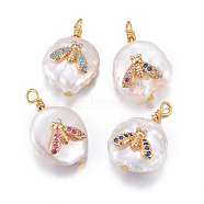 Natural Cultured Freshwater Pearl Pendants, with Brass Micro Pave Cubic Zirconia Findings, Nuggets with Insect, Golden, Mixed Color, 17~26x11~16x5~11mm, Hole: 1.6~2mm(PEAR-L027-61)