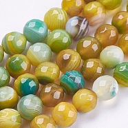 Natural Striped Agate/Banded Agate Beads Strands, Round, Faceted, Dyed, Goldenrod, 8mm, Hole: 1mm, about 47~48pcs/strand, 14.8~15.1 inch(37.7~38.5cm)(G-P364-23-8mm)