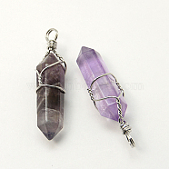 Natural Amethyst Double Terminated Pointed Pendants, with Brass Pendant Settings, Faceted, Bullet, Platinum Metal Color, 35~45x10~13mm, Hole: 3mm(G-J062-02P)