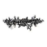 Flower Alloy Rhinestone Hair Barrettes, with Iron and Plastic Imitation Pearl, for Woman Girls, Antique Silver, 23x83x25mm(PHAR-S604-01AS-04)