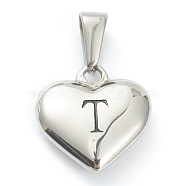 304 Stainless Steel Pendants, Heart with Black Letter, Stainless Steel Color, Letter.T, 16x16x4.5mm, Hole: 7x3mm(X-STAS-P278-01T-P)