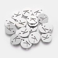 Non-Tarnish 201 Stainless Steel Charms, Flat Round with Letter, Stainless Steel Color, Letter.K, 12x1mm, Hole: 1.5mm(STAS-Q201-T051-K)