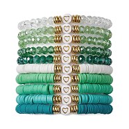 10Pcs Polymer Clay Disc & Glass & Brass Beaded Stretch Bracelets Set, Heart Stackable Bracelets, Medium Sea Green, Inner Diameter: 2-1/8 inch(5.4cm)(BJEW-JB09676-04)