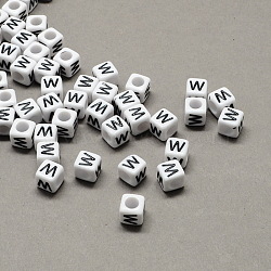 Large Hole Acrylic Letter European Beads, Horizontal Hole, White & Black, Cube with Letter.W, 7~8x7~8x7~8mm, Hole: 4mm, about 1144pcs/500g(SACR-Q103-7mm-01W)