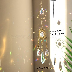 Crystal Glass & Brass & Iron Sun Catcher Pendant, Rainbow Maker, DIY Garden & Home Decoration, Sun, 400~420x45mm(PW-WGF19EC-02)