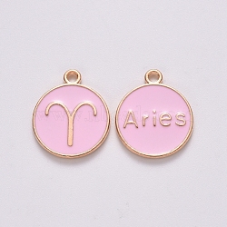 Alloy Enamel Pendants, Cadmium Free & Lead Free, Flat Round with Constellation, Light Gold, Pink, Aries, 15x12x2mm, Hole: 1.5mm(X-ENAM-S124-01B-09A)