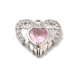 Rack Plating Brass Micro Pave Cubic Zirconia Charmts, Cadmium Free & Lead Free, Long-Lasting Plated, Heart with Wing Charm, Platinum, Pearl Pink, 11x13x2.5mm, Hole: 1mm(KK-P230-19P-02)