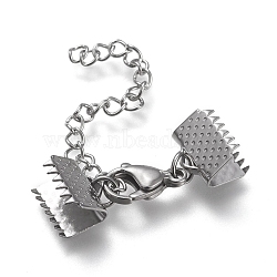 304 Stainless Steel Curb Chain Extender, with Lobster Claw Clasps and Ribbon Crimp Ends, Stainless Steel Color, 33mm long, Ribbon Ends: 10.5x8.5mm(STAS-K195-25P-01)